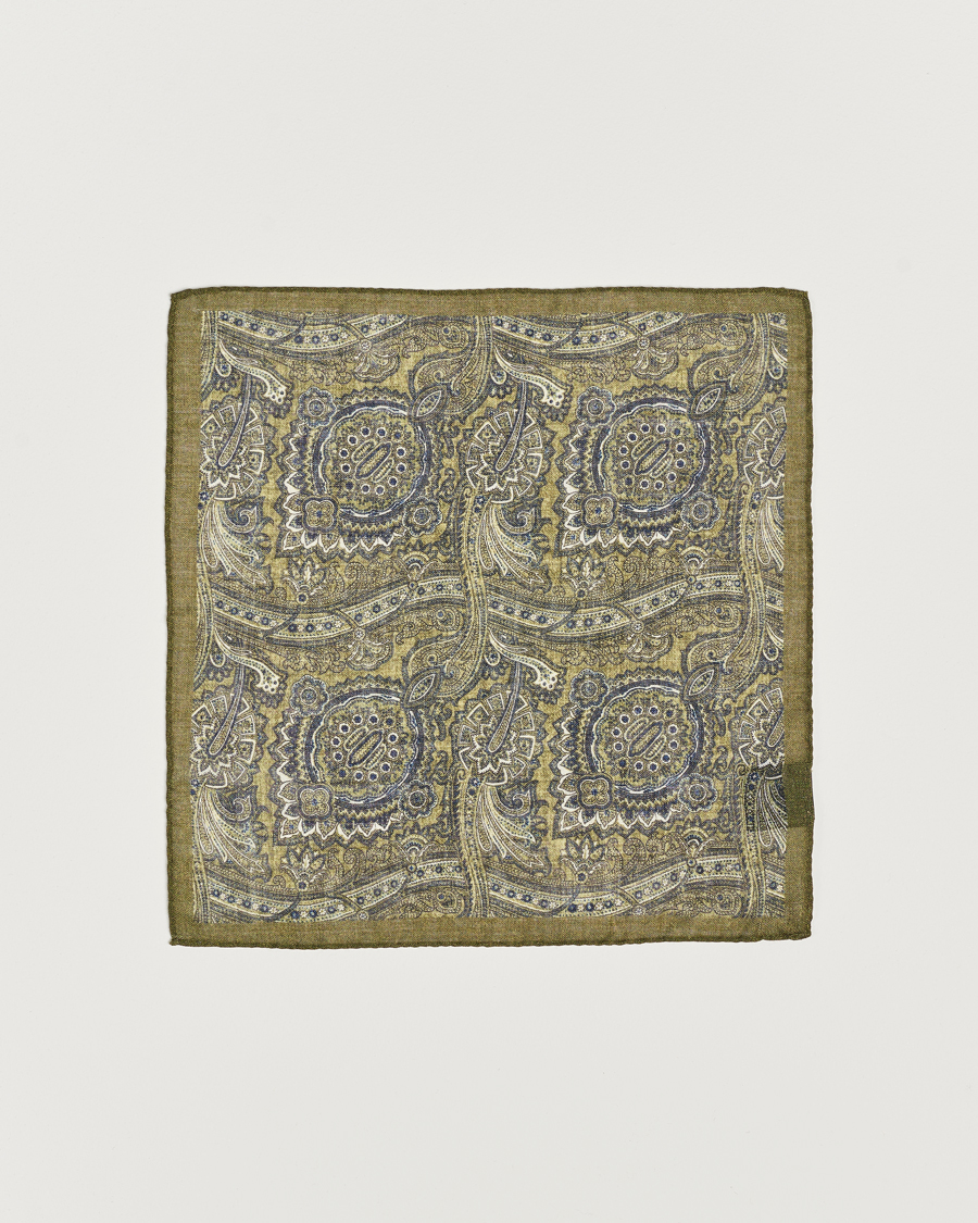 Mies | Amanda Christensen Wool Printed Large Paisley Pocket Square Green Melange | Amanda Christensen | Wool Printed Large Paisley Pocket Square Green Melange
