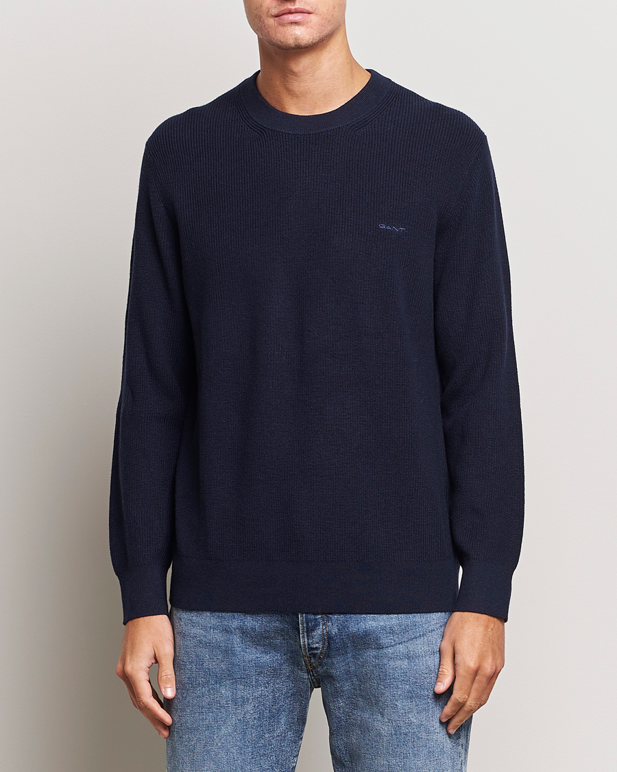 Mies | Puserot | GANT | Cotton/Wool Rib Knitted Crew Neck Evening Blue
