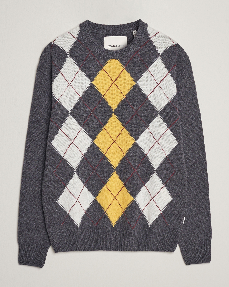 Mies | Puserot | GANT | Lambswool Argyle Crew Neck Sweater Charcoal Melange