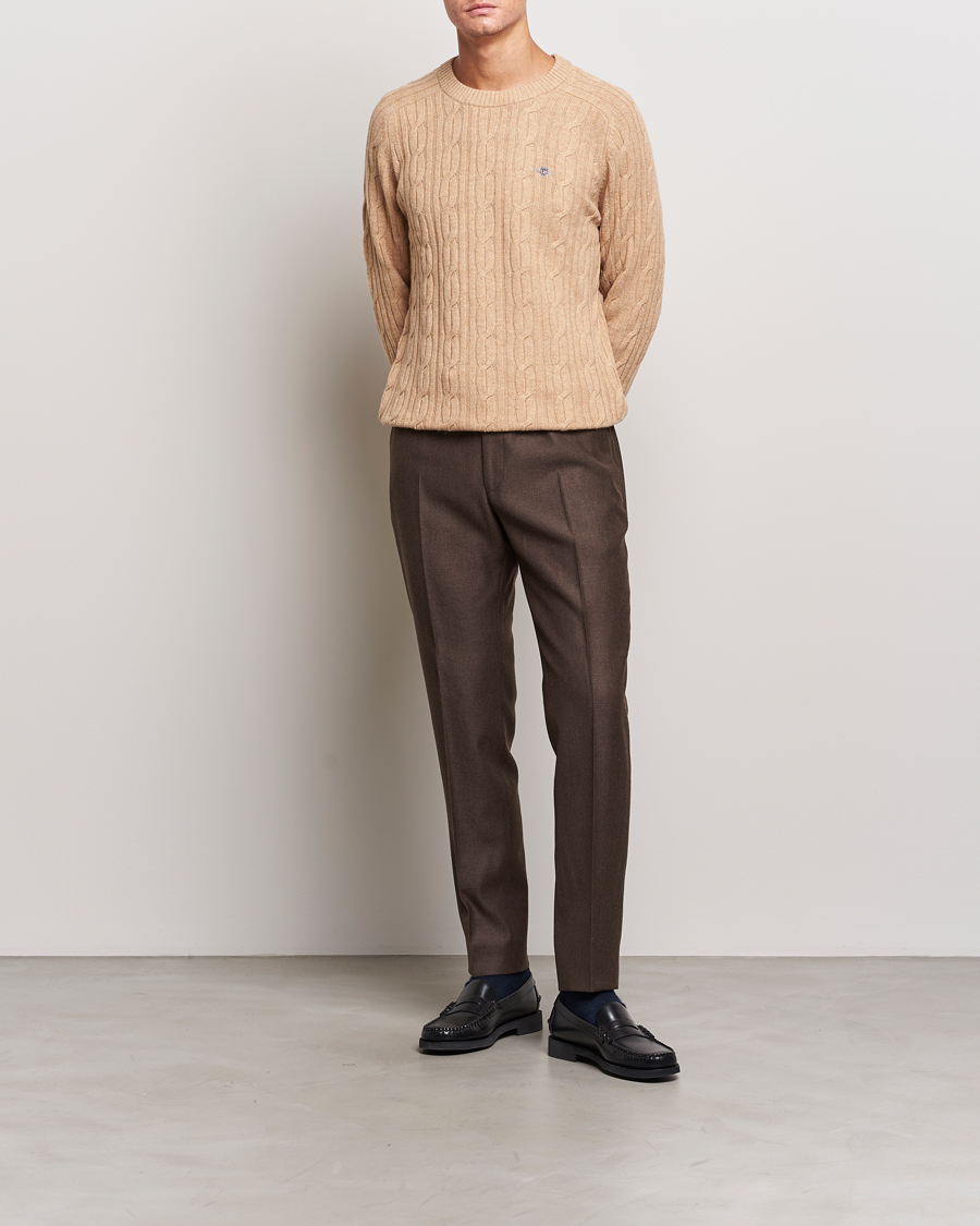 Mies | Puserot | GANT | Lambswool Cable Crew Neck Pullover Khaki Melange