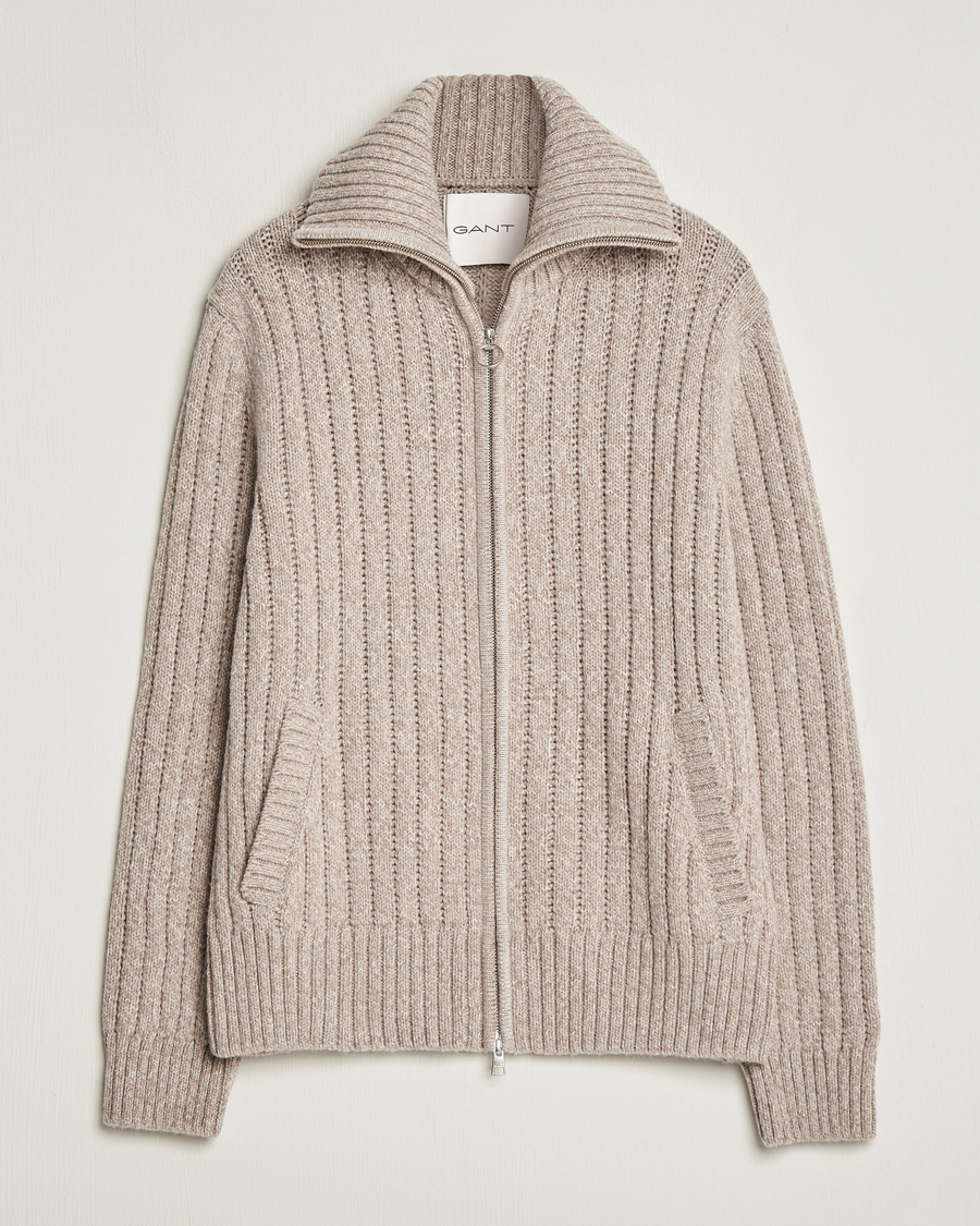 Mies | Puserot | GANT | Heavy Structured Knitted Full Zip Light Beige Melange