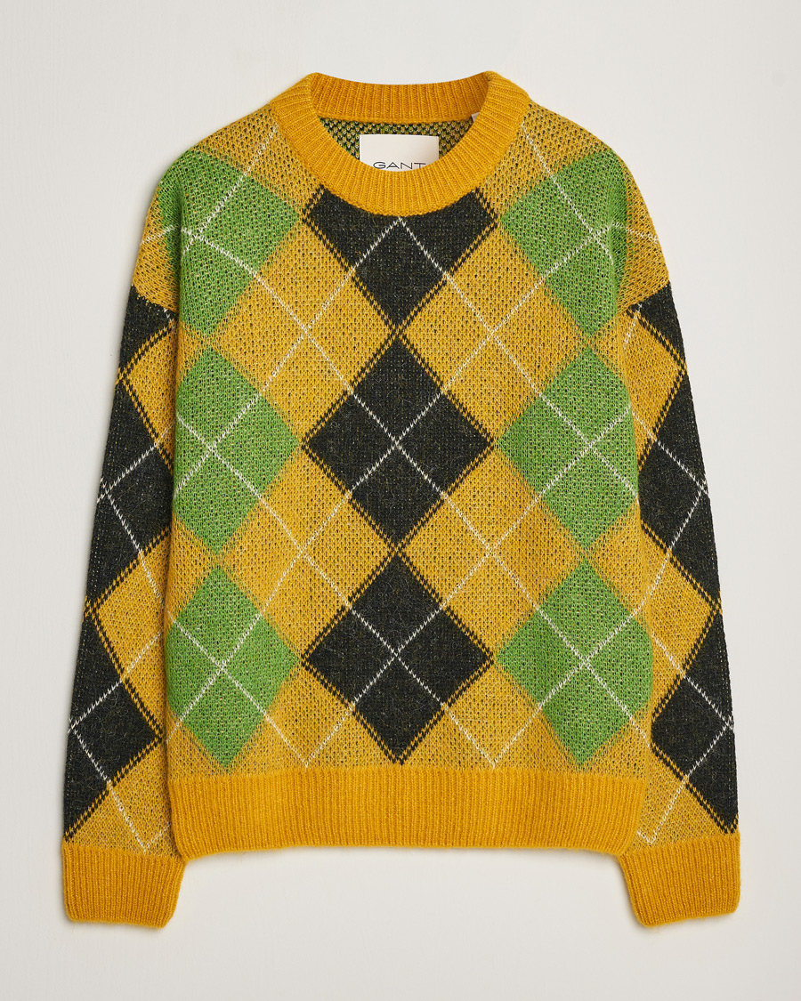 Mies | Puserot | GANT | Furry Argyle Crew Neck Sunflower Yellow