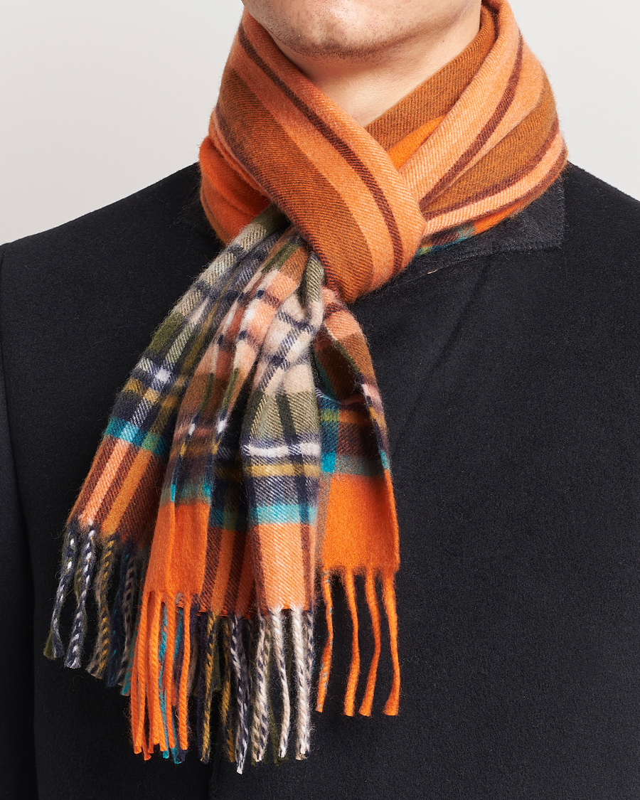 Mies | Begg & Co Striped/Checked Cashmere Scarf 30*160cm Orange | Begg & Co | Striped/Checked Cashmere Scarf 30*160cm Orange