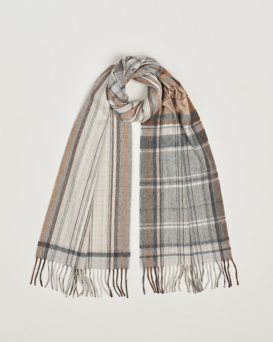 Mies | Begg & Co Striped/Checked Cashmere Scarf 36*183cm Natural Grey | Begg & Co | Striped/Checked Cashmere Scarf 36*183cm Natural Grey