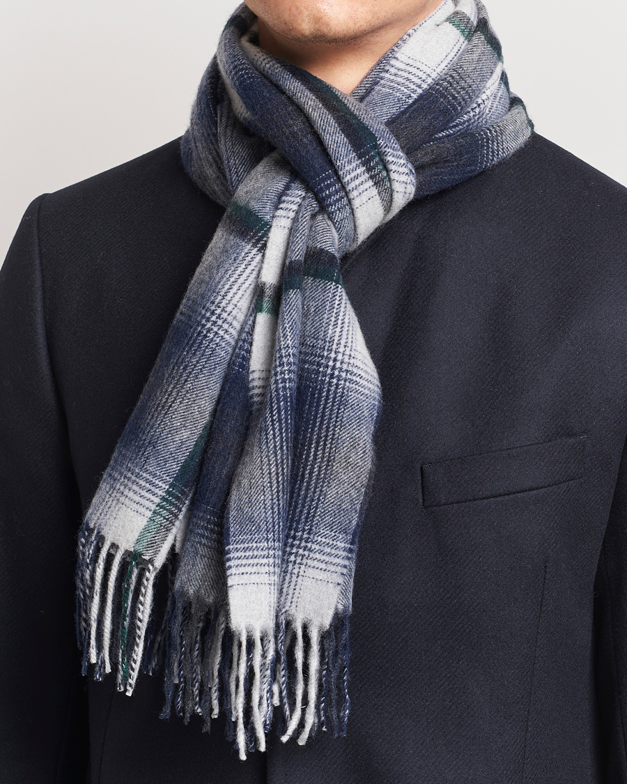 Mies |  | Begg & Co | Wool/Cashmere Shadow Check Scarf 32*180cm Silver/Navy