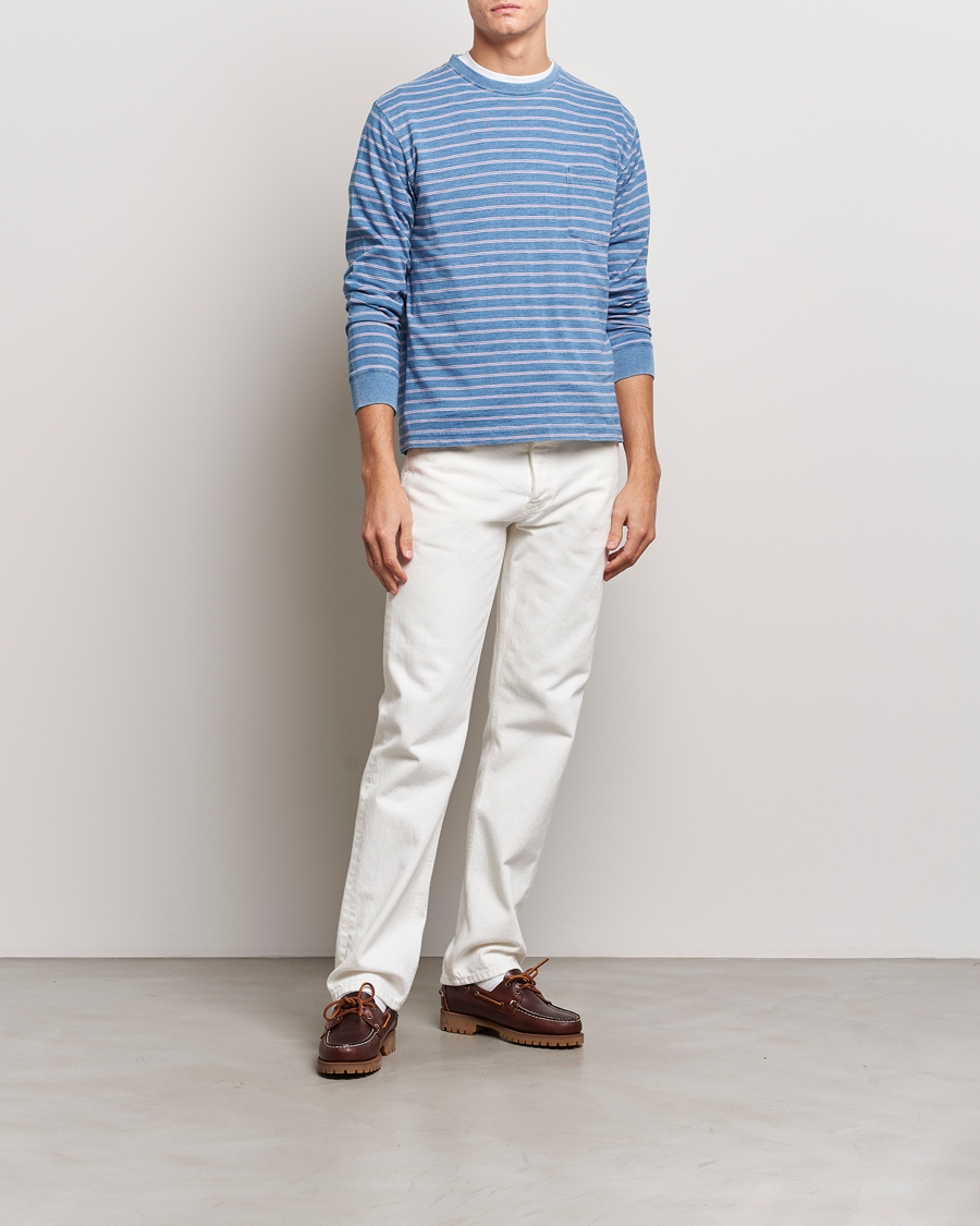 Mies | T-paidat | BEAMS PLUS | Indigo Stripe Long Sleeve T-Shirt Light Blue