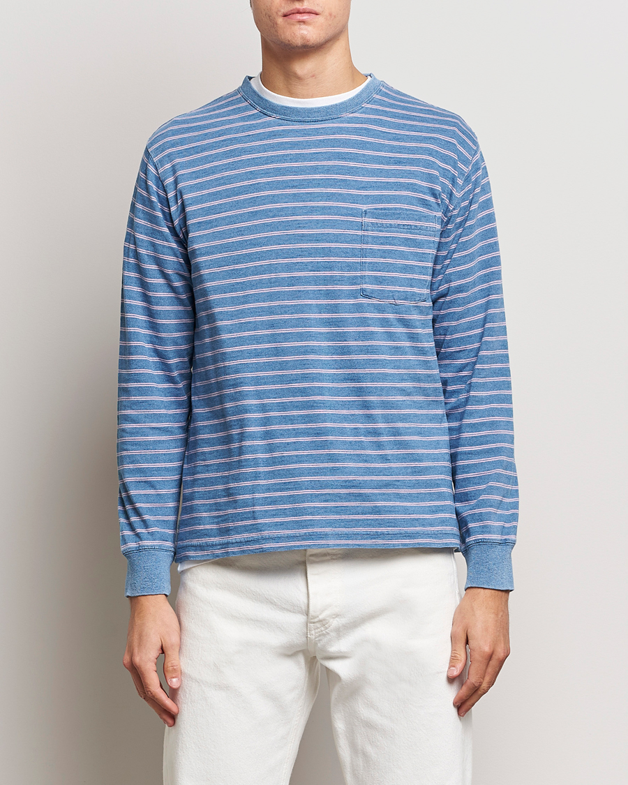 Mies | Pitkähihaiset t-paidat | BEAMS PLUS | Indigo Stripe Long Sleeve T-Shirt Light Blue