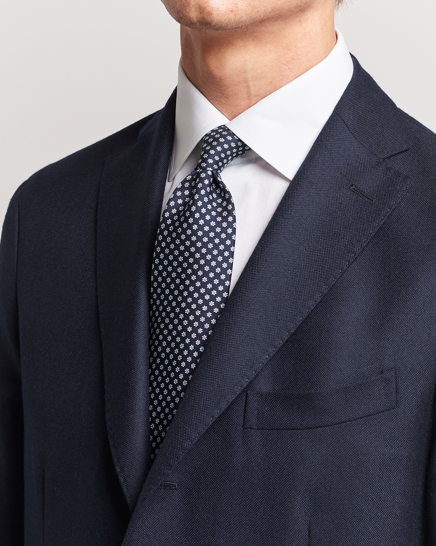 Mies | E. Marinella 3-Fold Printed Silk Tie Navy | E. Marinella | 3-Fold Printed Silk Tie Navy