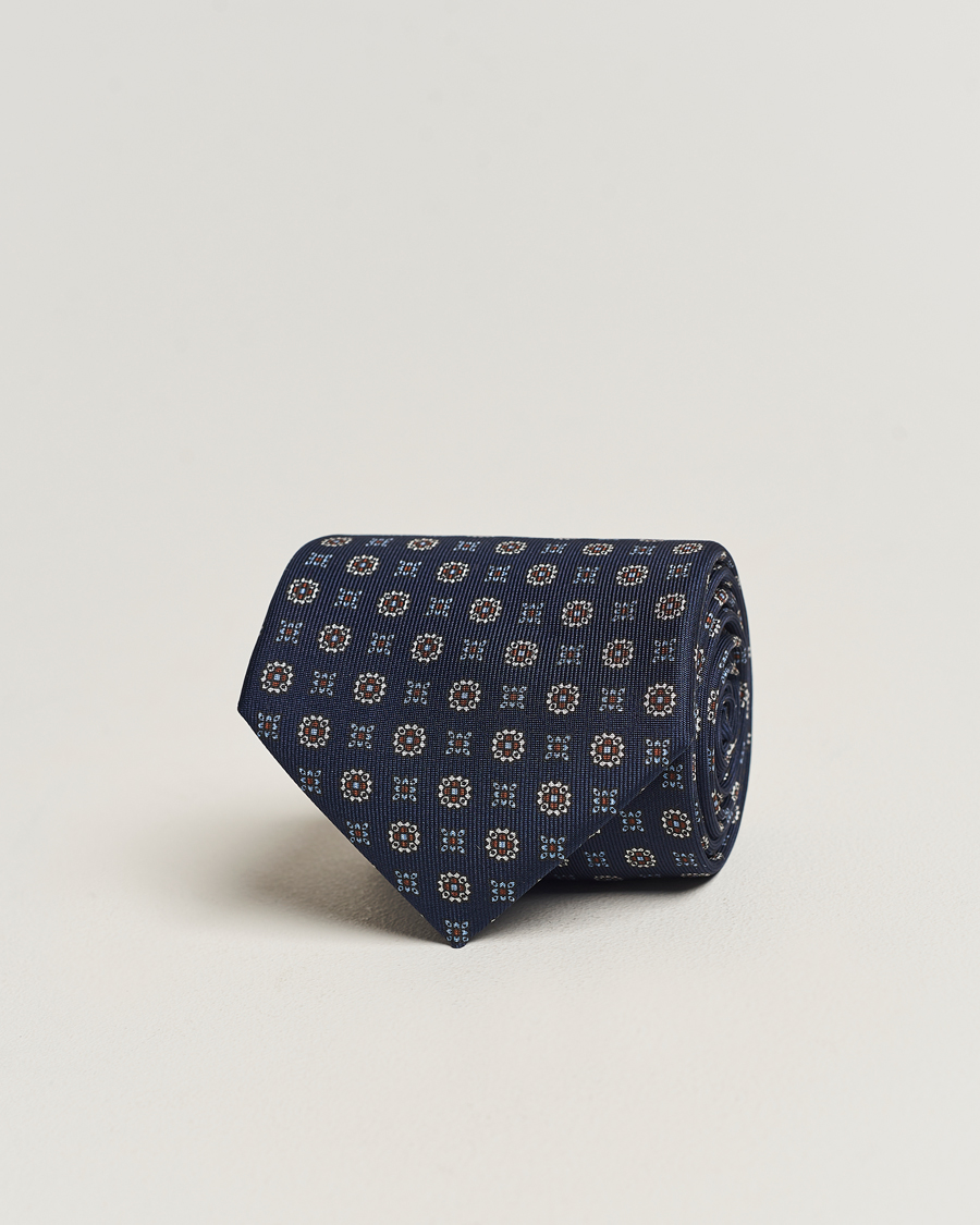 Mies | E. Marinella 3-Fold Printed Silk Tie Navy | E. Marinella | 3-Fold Printed Silk Tie Navy