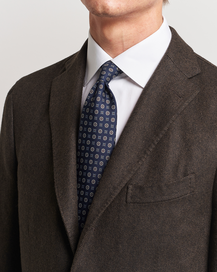 Mies | E. Marinella 3-Fold Printed Silk Tie Navy | E. Marinella | 3-Fold Printed Silk Tie Navy