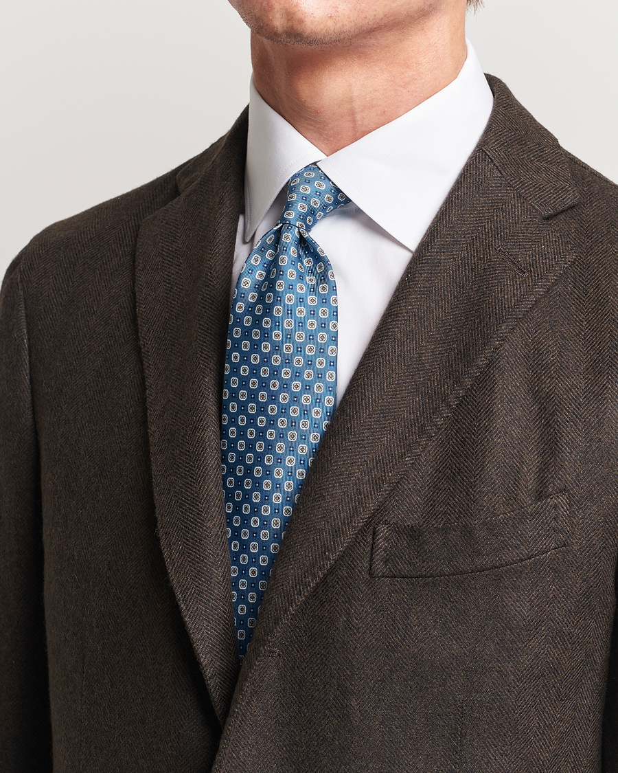 Mies | E. Marinella 3-Fold Printed Silk Tie Blue | E. Marinella | 3-Fold Printed Silk Tie Blue