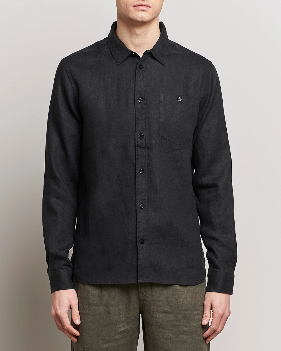 Mies | Pellavapaidat | KnowledgeCotton Apparel | Regular Linen Shirt Jet Black