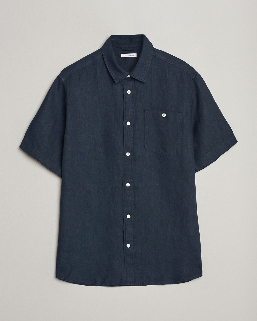 Mies | Kauluspaidat | KnowledgeCotton Apparel | Regular Short Sleeve Linen Shirt Total Eclipse