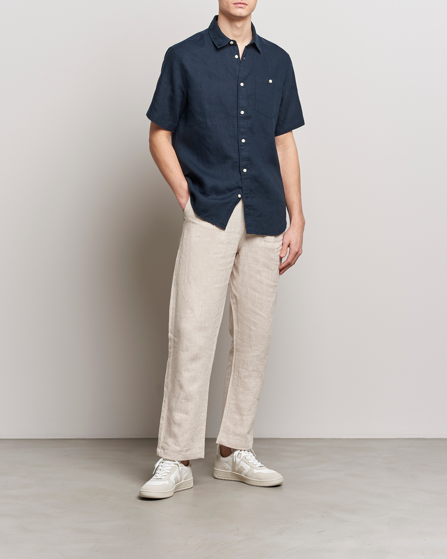 Mies | Kauluspaidat | KnowledgeCotton Apparel | Regular Short Sleeve Linen Shirt Total Eclipse
