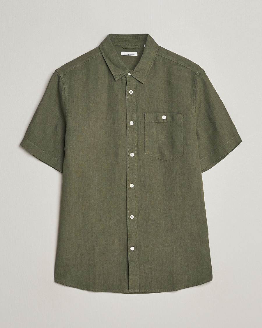 Mies | Kauluspaidat | KnowledgeCotton Apparel | Regular Short Sleeve Linen Shirt Burned Olive
