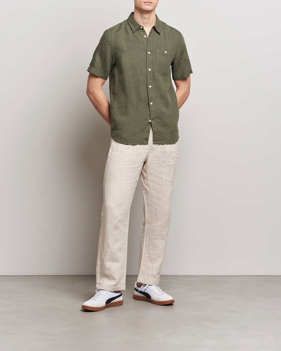 Mies | Kauluspaidat | KnowledgeCotton Apparel | Regular Short Sleeve Linen Shirt Burned Olive