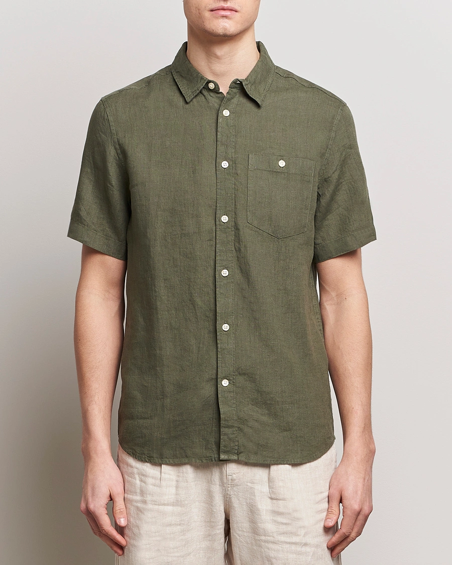 Mies | Vaatteet | KnowledgeCotton Apparel | Regular Short Sleeve Linen Shirt Burned Olive