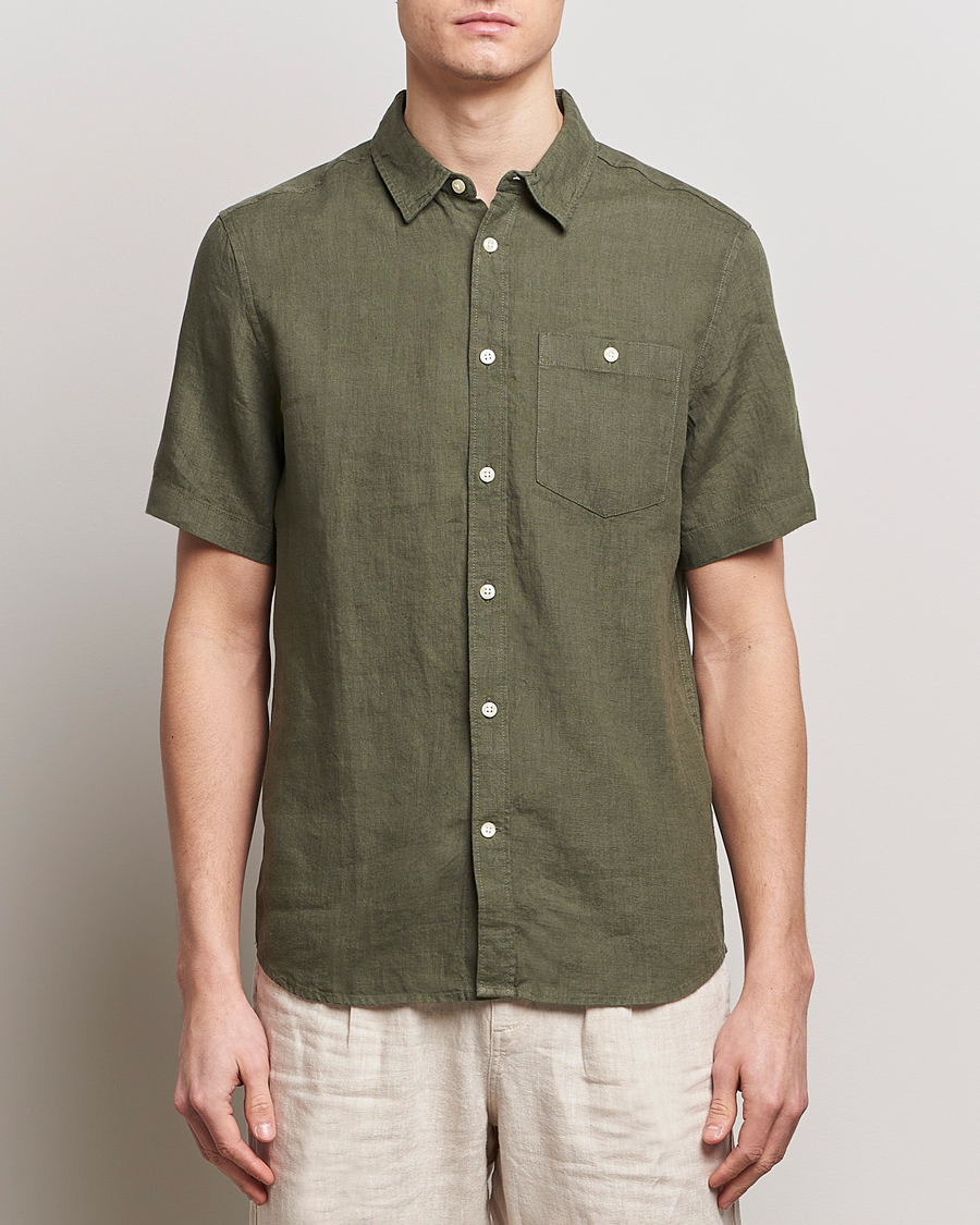 Mies | Kauluspaidat | KnowledgeCotton Apparel | Regular Short Sleeve Linen Shirt Burned Olive