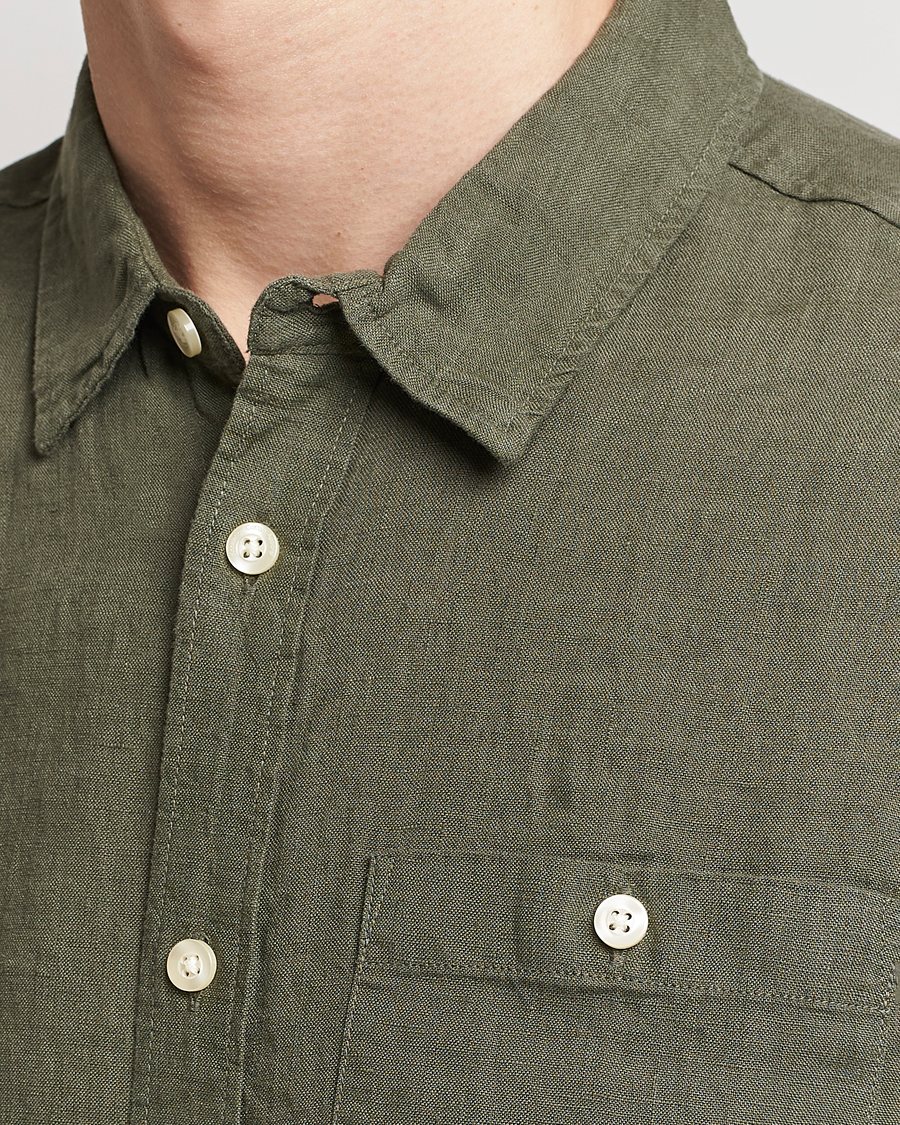 Mies | Kauluspaidat | KnowledgeCotton Apparel | Regular Short Sleeve Linen Shirt Burned Olive
