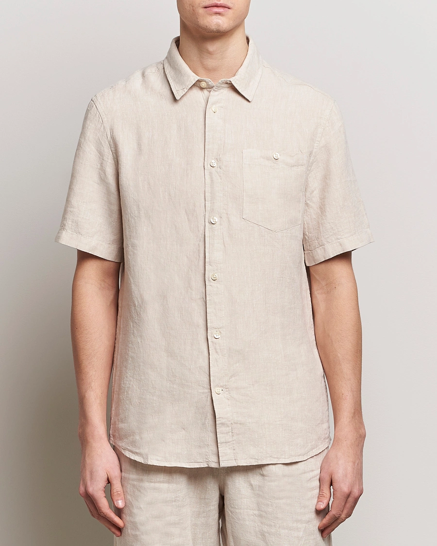 Herr | Kläder | KnowledgeCotton Apparel | Regular Short Sleeve Linen Shirt Yarndyed Beige
