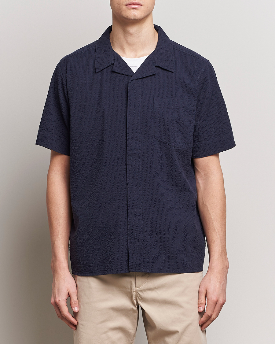 Mies | Kauluspaidat | KnowledgeCotton Apparel | Short Sleeve Seersucker Shirt Night Sky
