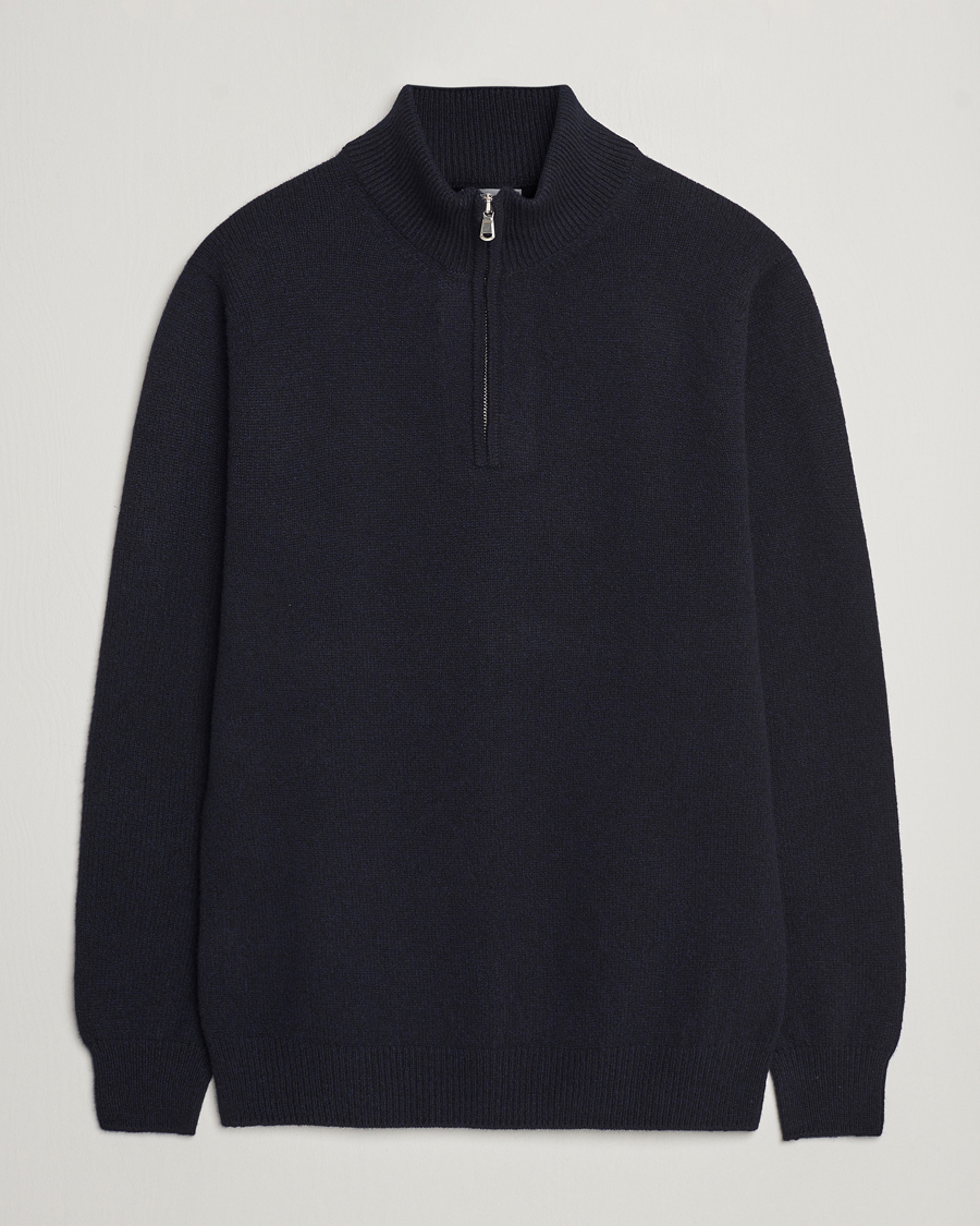 Mies | Puserot | Sunspel | Lambswool Half-Zip Dark Navy Mouline