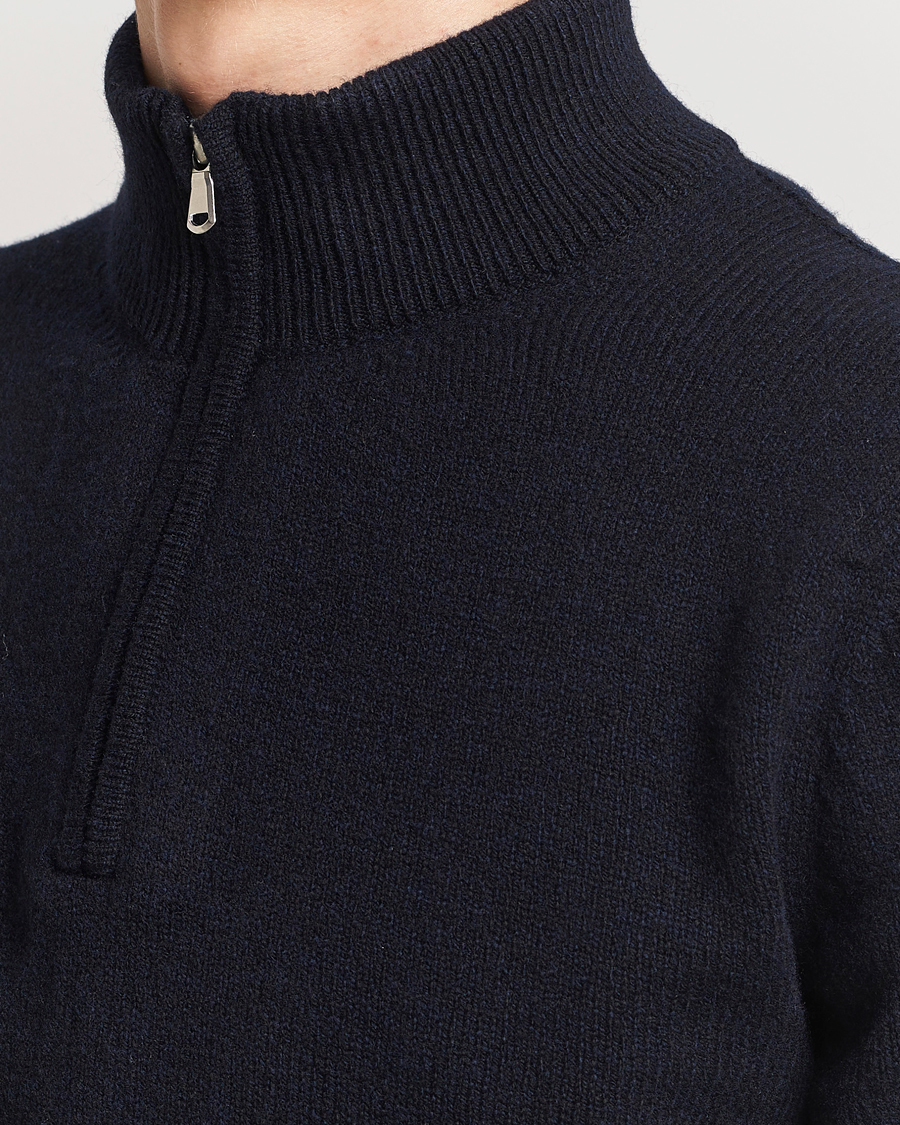 Mies | Puserot | Sunspel | Lambswool Half-Zip Dark Navy Mouline
