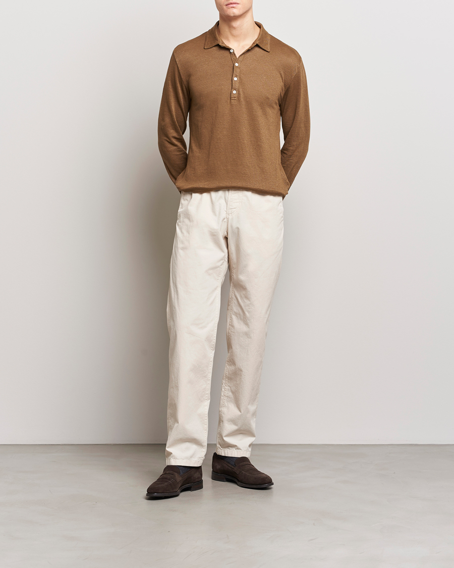 Mies | Puserot | Massimo Alba | Raya Long Sleeve Linen Polo Brown