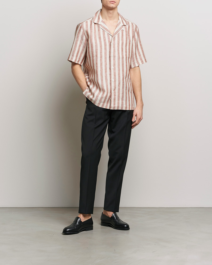 Mies | Kauluspaidat | Lardini | Striped Short Sleeve Linen Shirt Beige/Red