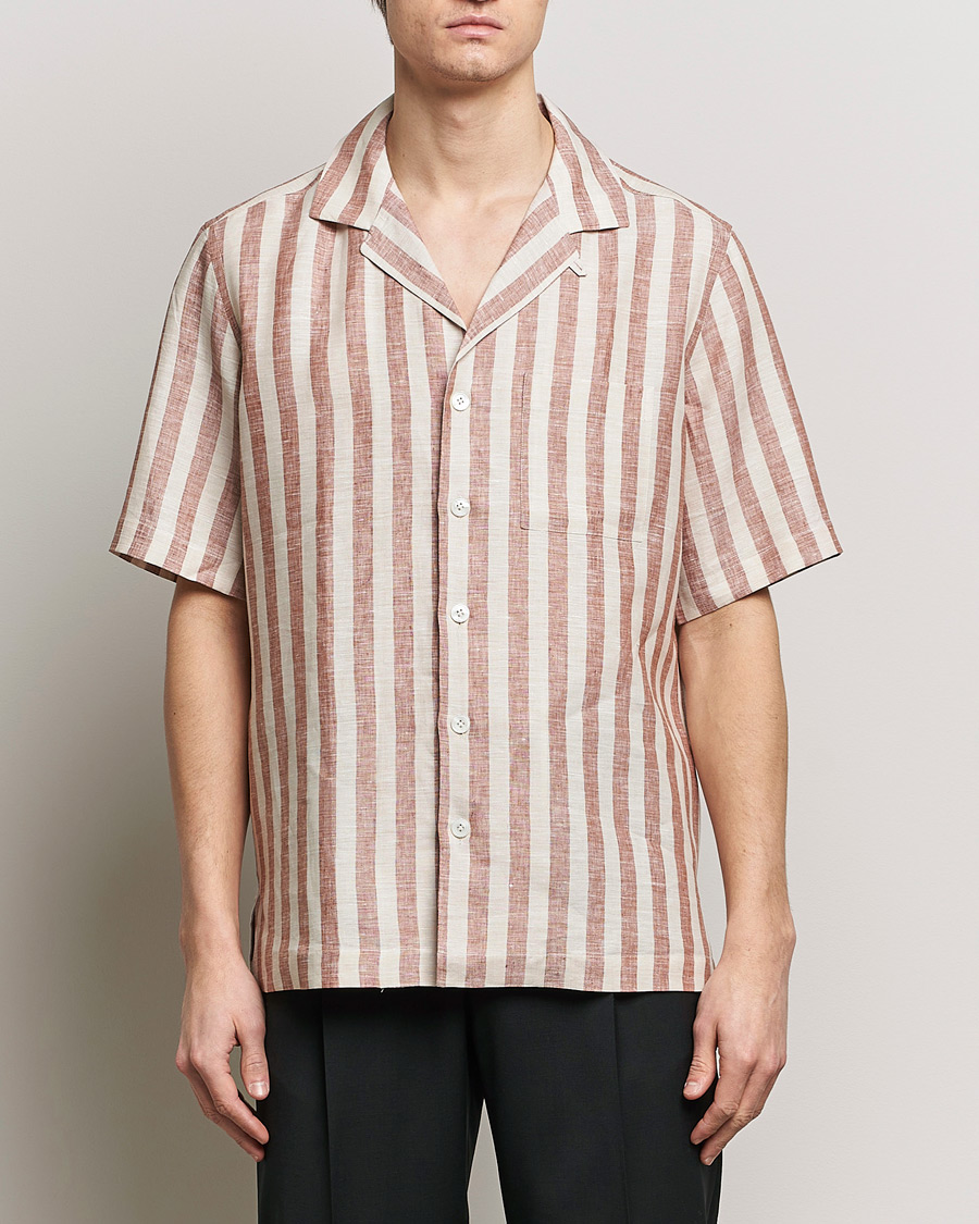 Mies | Kauluspaidat | Lardini | Striped Short Sleeve Linen Shirt Beige/Red