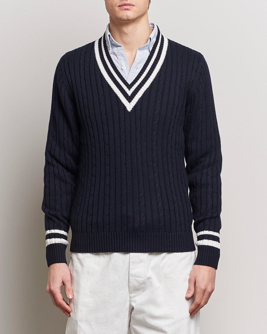 Mies | Vaatteet | Stenströms | Cotton/Cashmere Cable V-Neck Navy