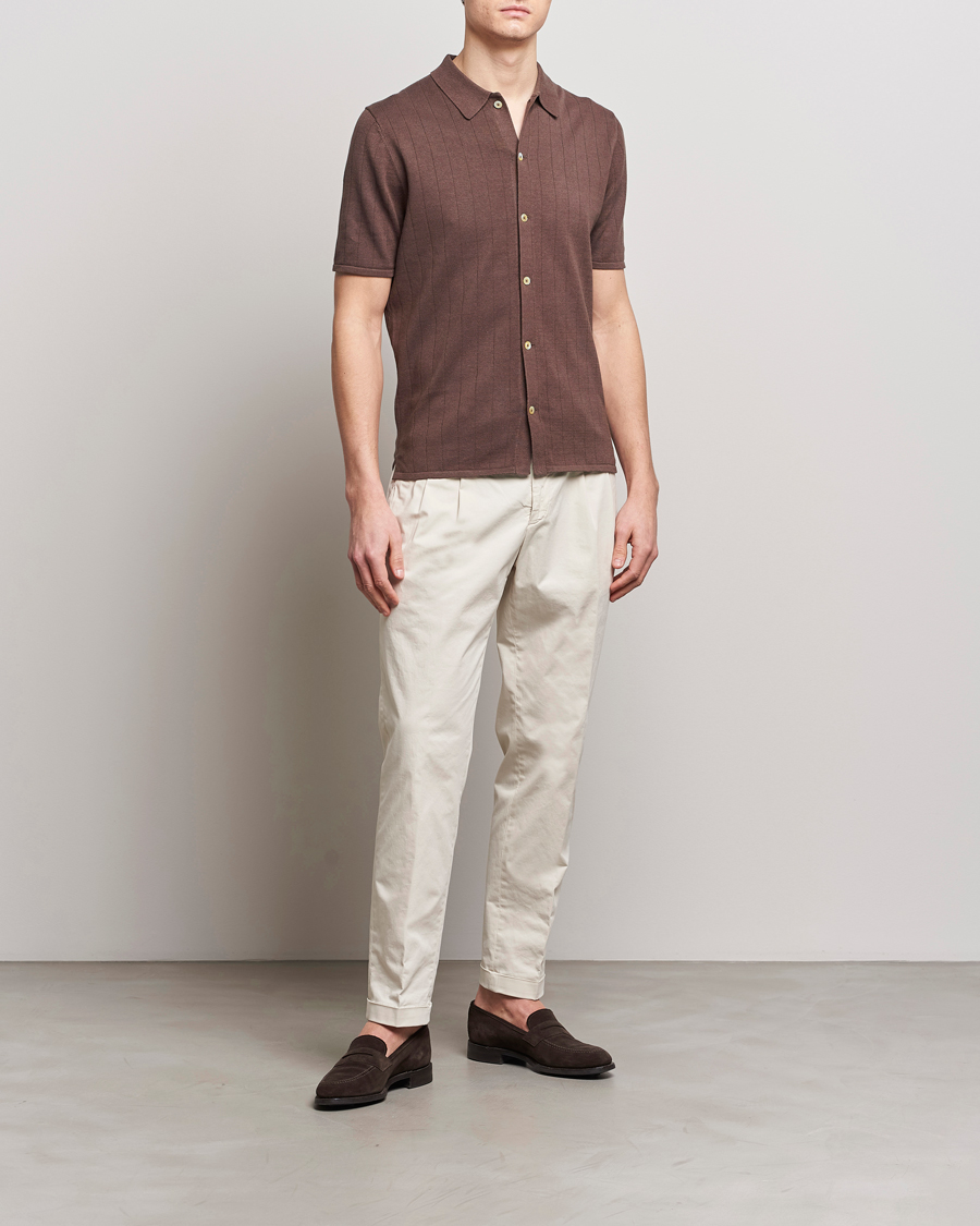 Mies | Pikeet | Stenströms | Linen/Cotton Rib Knitted Buttonthru Shirt Brown
