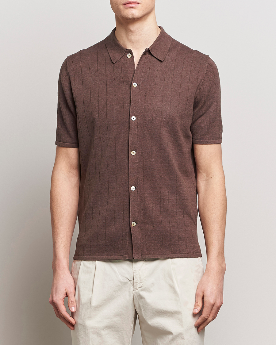 Mies | Lyhythihaiset kauluspaidat | Stenströms | Linen/Cotton Rib Knitted Buttonthru Shirt Brown