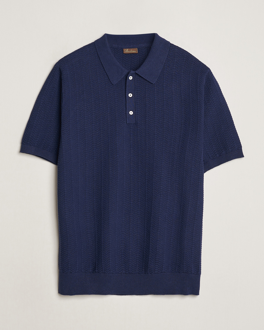 Mies | Pikeet | Stenströms | Linen/Cotton Crochet Knitted Polo Shirt Navy