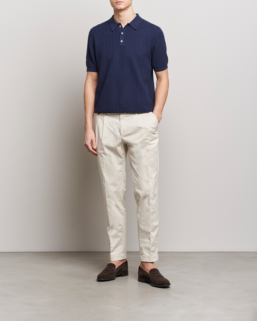 Mies | Pikeet | Stenströms | Linen/Cotton Crochet Knitted Polo Shirt Navy