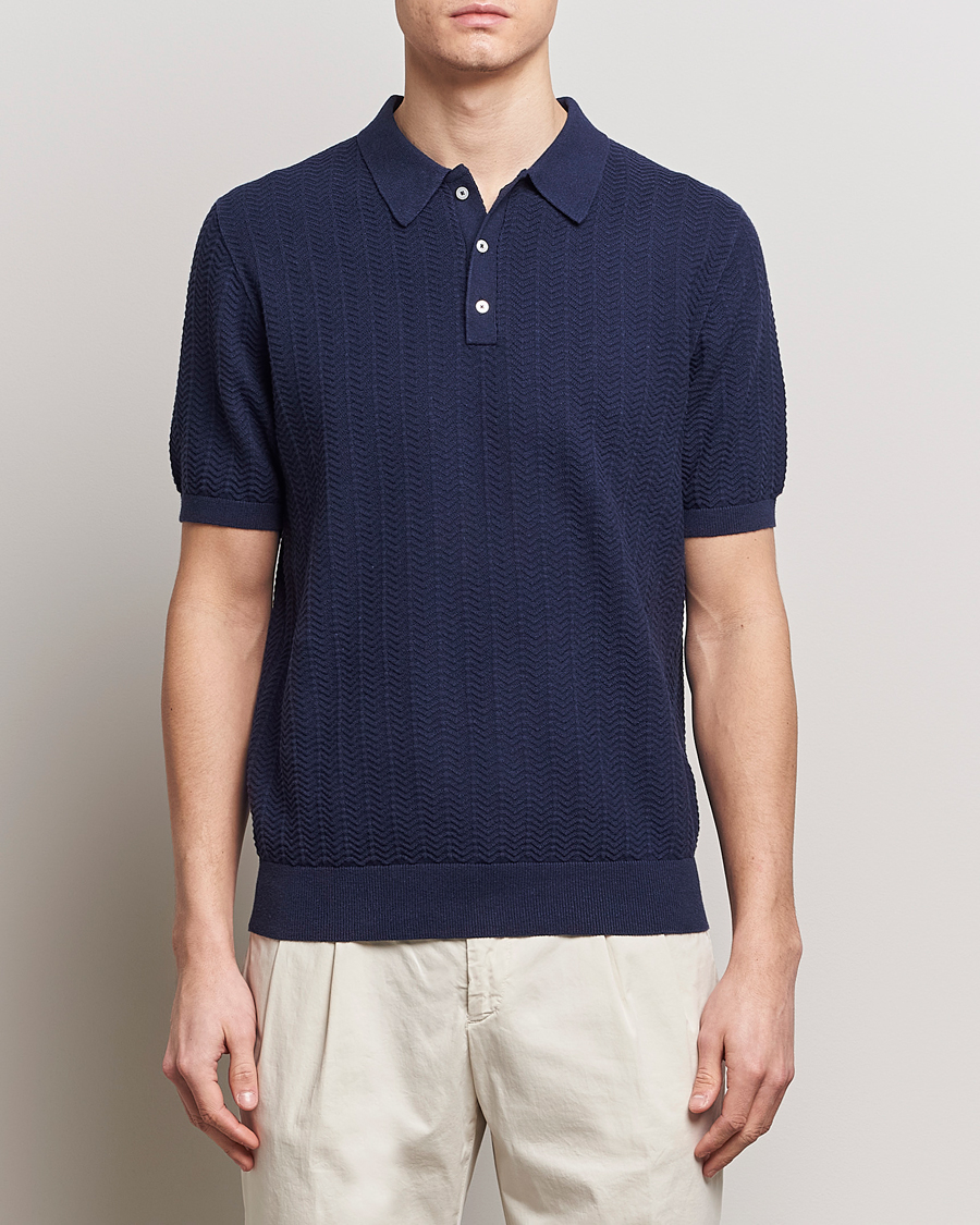 Mies |  | Stenströms | Linen/Cotton Crochet Knitted Polo Shirt Navy