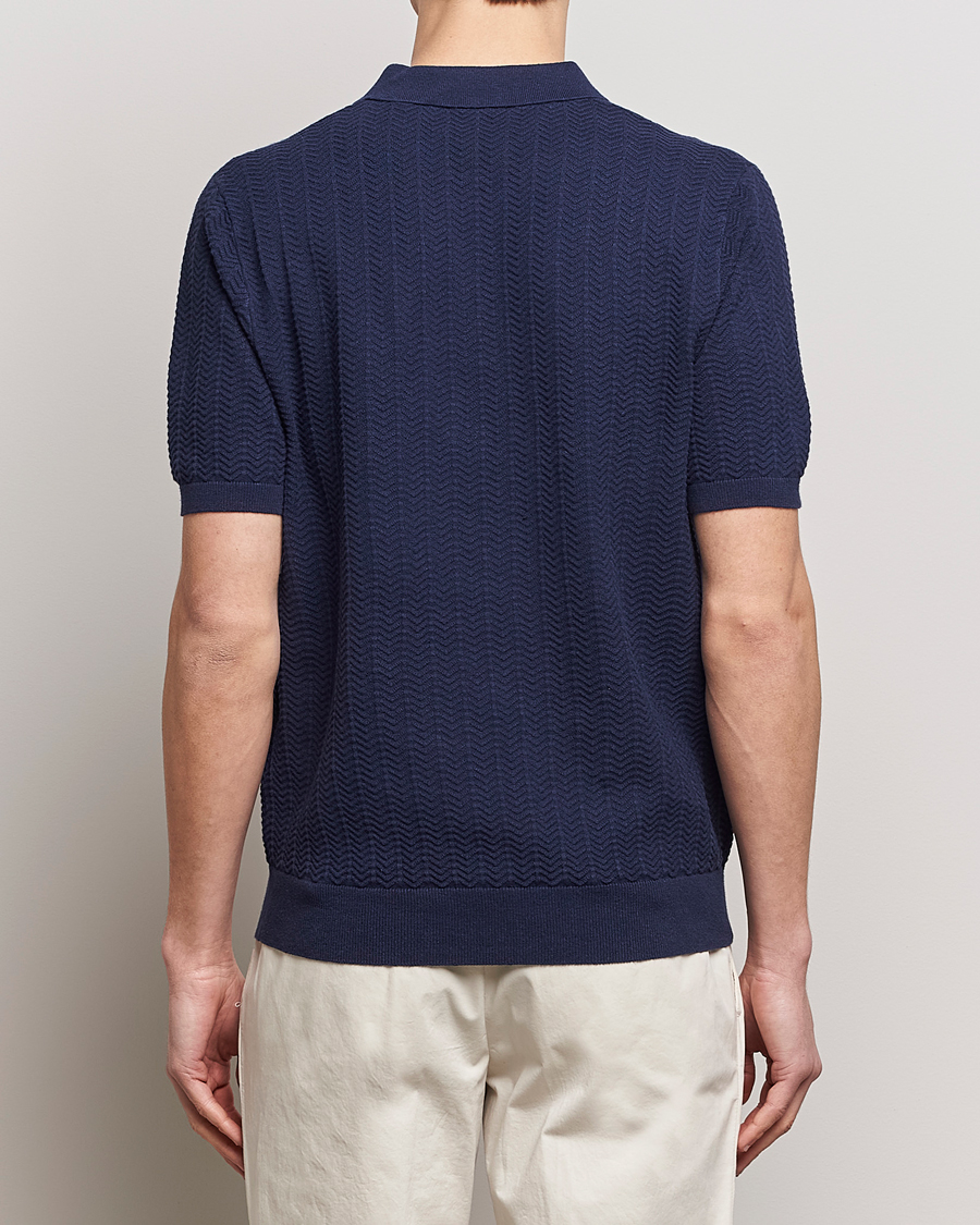 Mies | Pikeet | Stenströms | Linen/Cotton Crochet Knitted Polo Shirt Navy