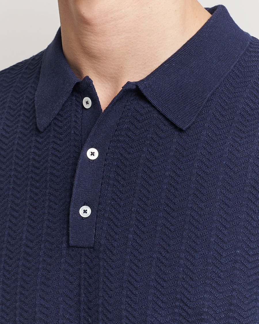 Mies | Pikeet | Stenströms | Linen/Cotton Crochet Knitted Polo Shirt Navy