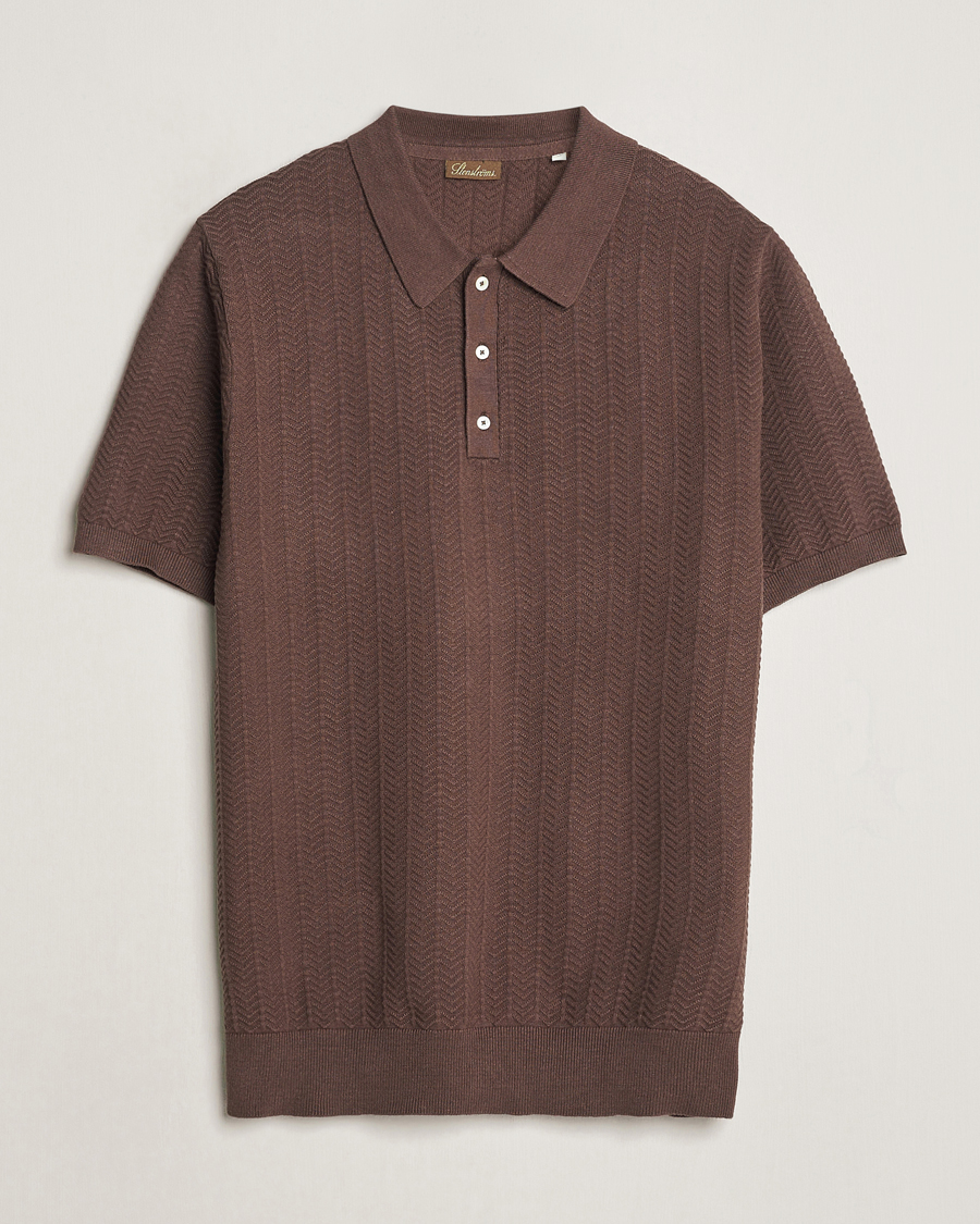 Mies | Pikeet | Stenströms | Linen/Cotton Crochet Knitted Polo Shirt Brown