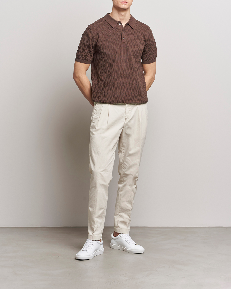 Mies | Pikeet | Stenströms | Linen/Cotton Crochet Knitted Polo Shirt Brown