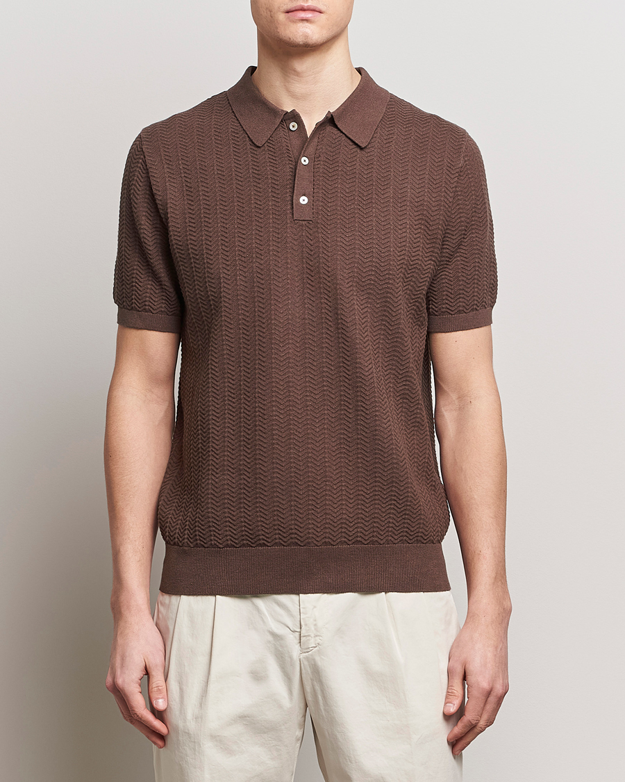 Mies | Pikeet | Stenströms | Linen/Cotton Crochet Knitted Polo Shirt Brown