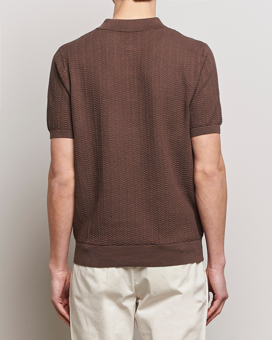 Mies | Pikeet | Stenströms | Linen/Cotton Crochet Knitted Polo Shirt Brown