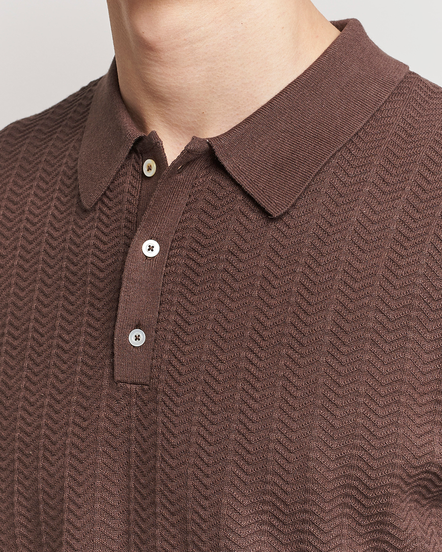 Mies | Pikeet | Stenströms | Linen/Cotton Crochet Knitted Polo Shirt Brown