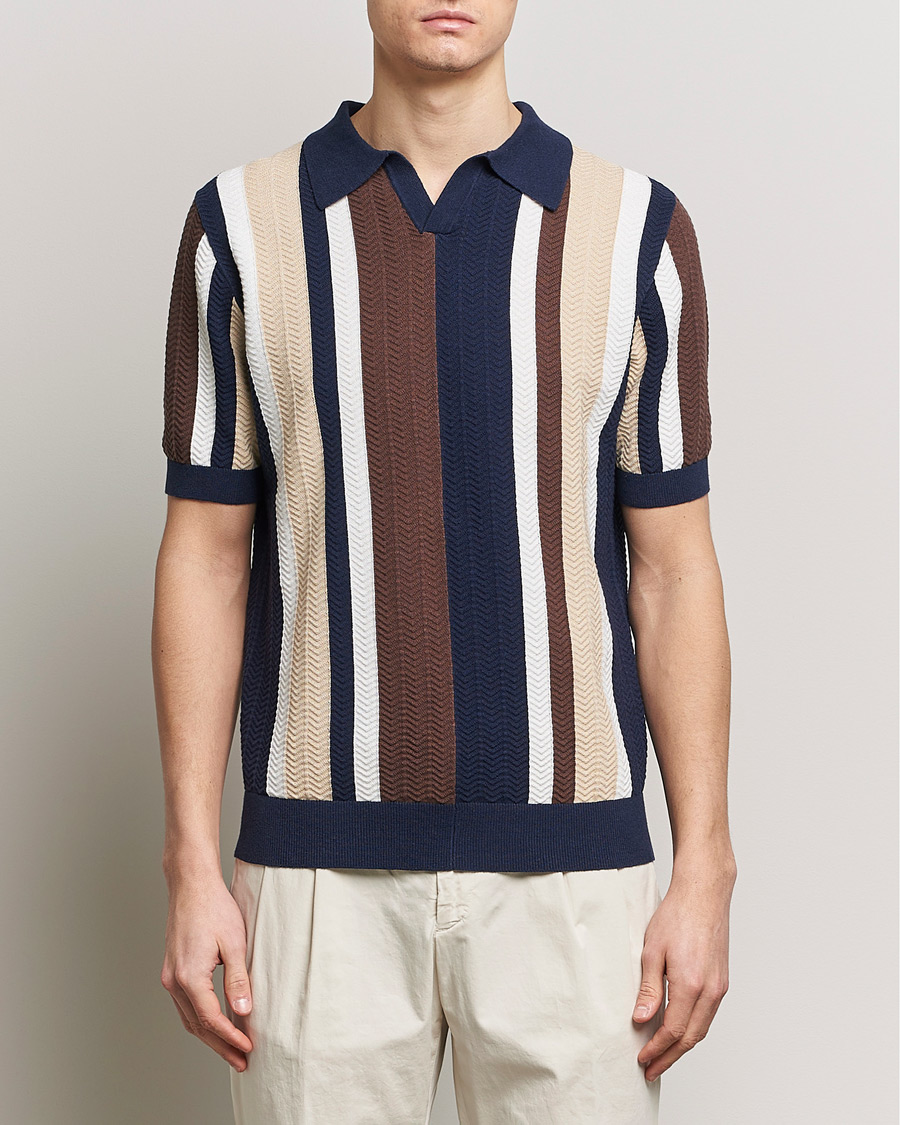 Mies | Lyhythihaiset pikeepaidat | Stenströms | Linen/Cotton Striped Crochet Knitted Polo Multi