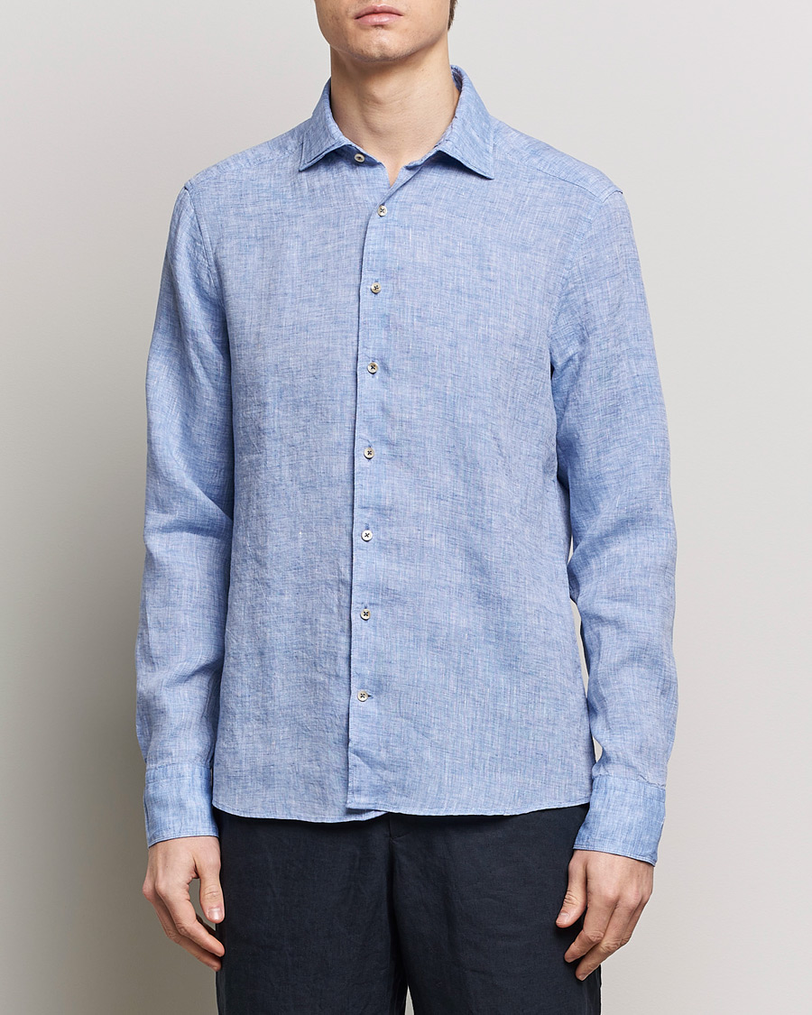 Mies | Pellavapaidat | Stenströms | Slimline Cut Away Linen Shirt Blue