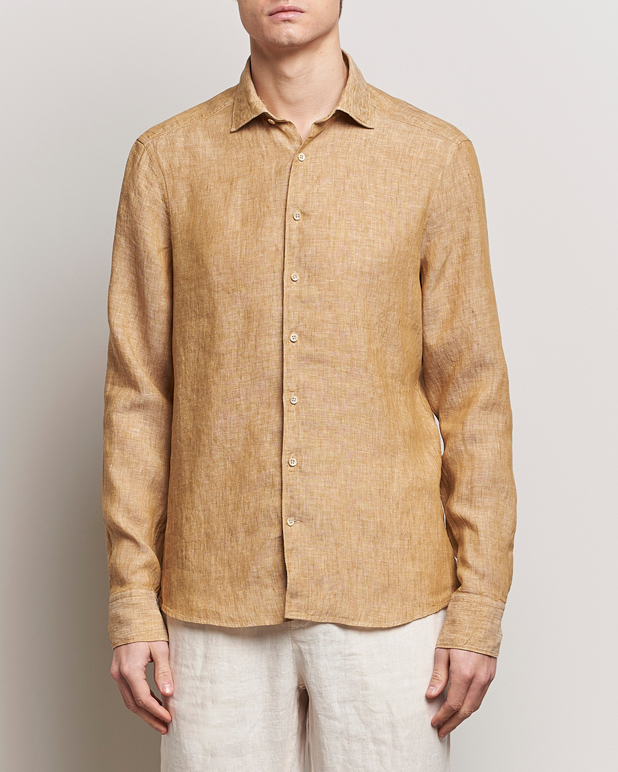 Mies |  | Stenströms | Slimline Cut Away Linen Shirt Brown