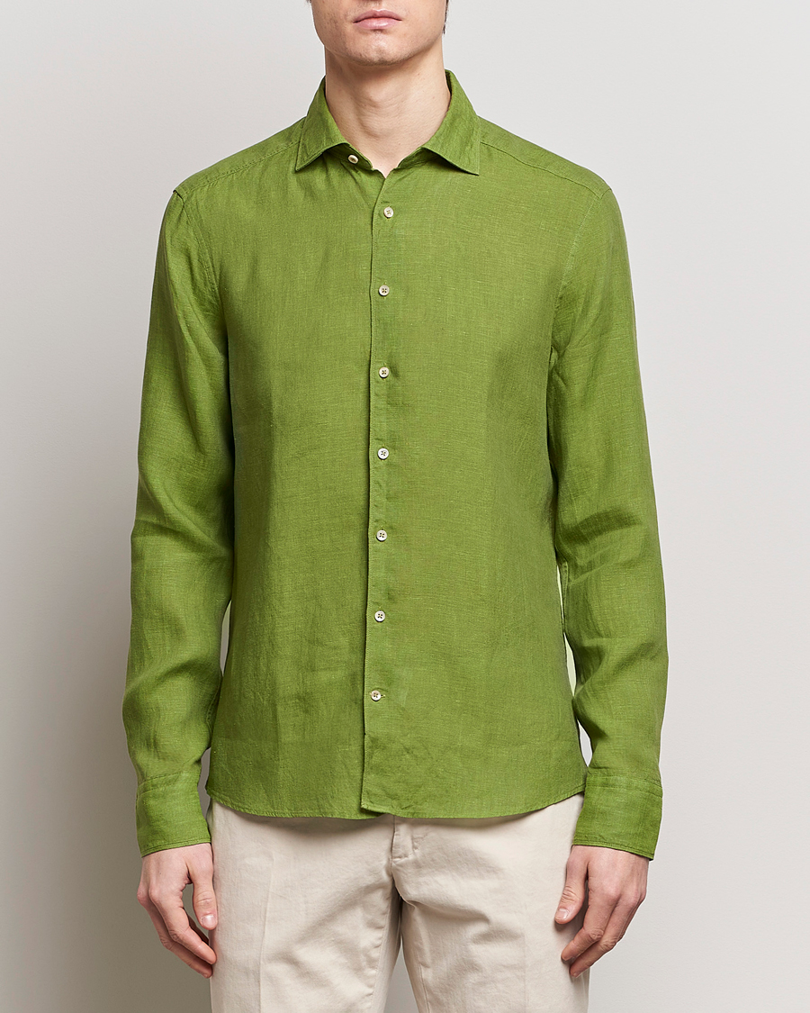 Mies | Pellavapaidat | Stenströms | Slimline Cut Away Linen Shirt Green