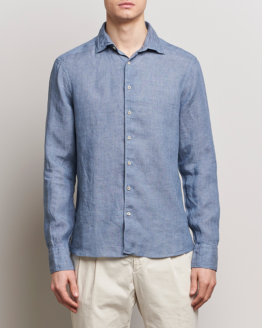 Mies | Pellavapaidat | Stenströms | Slimline Cut Away Linen Shirt Steel Blue
