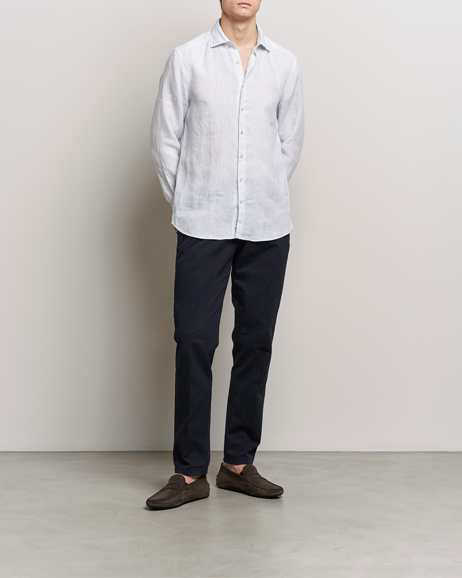 Mies | Kauluspaidat | Stenströms | Slimline Cut Away Striped Linen Shirt Light Blue