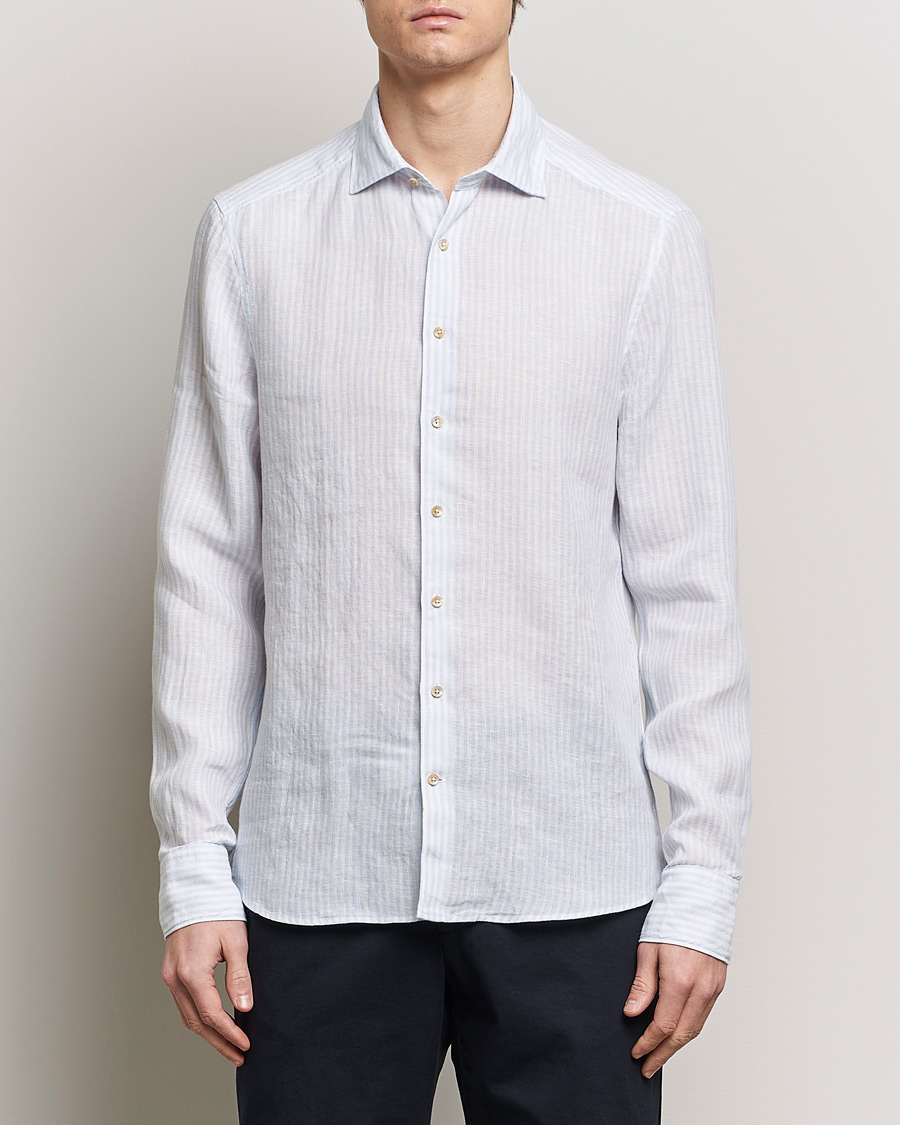 Mies | Rennot | Stenströms | Slimline Cut Away Striped Linen Shirt Light Blue